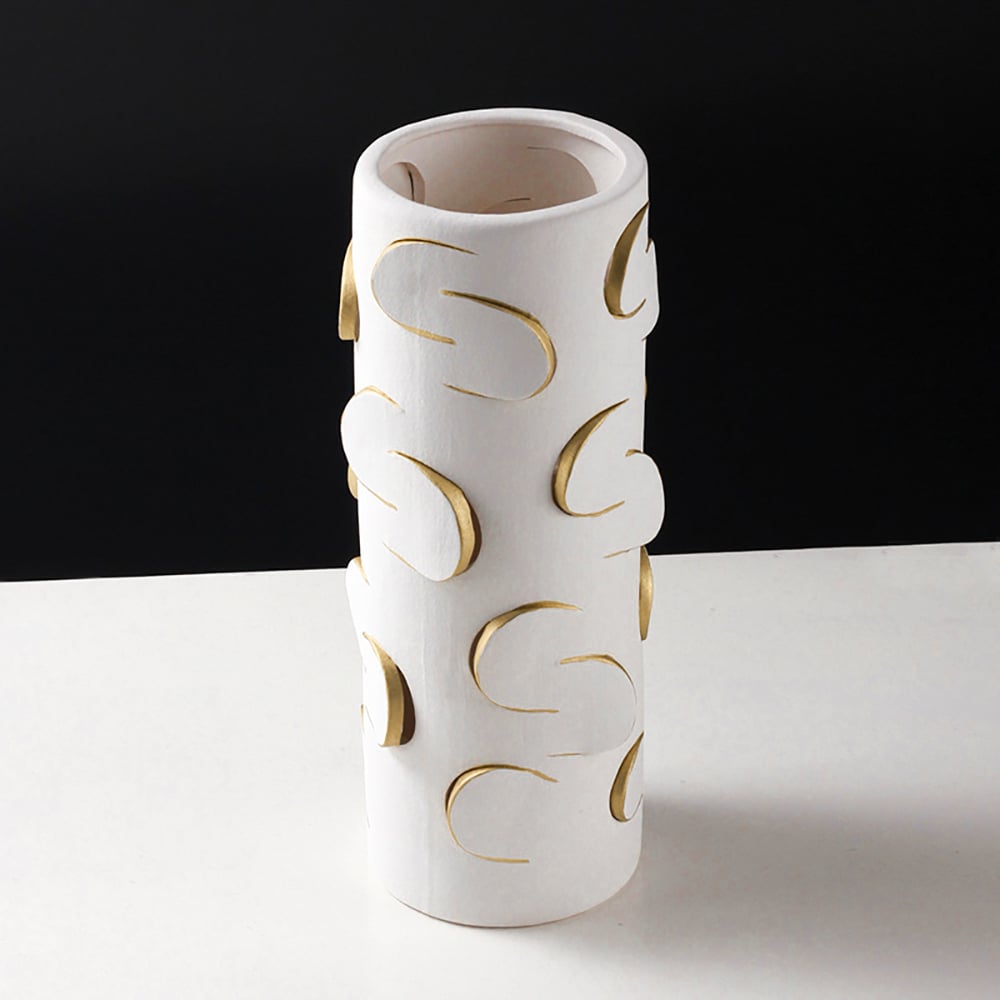 HMR - 13.4" White & Gold Resin Cylinder Flower Vase Modern Decor Art Living Room Bedroom