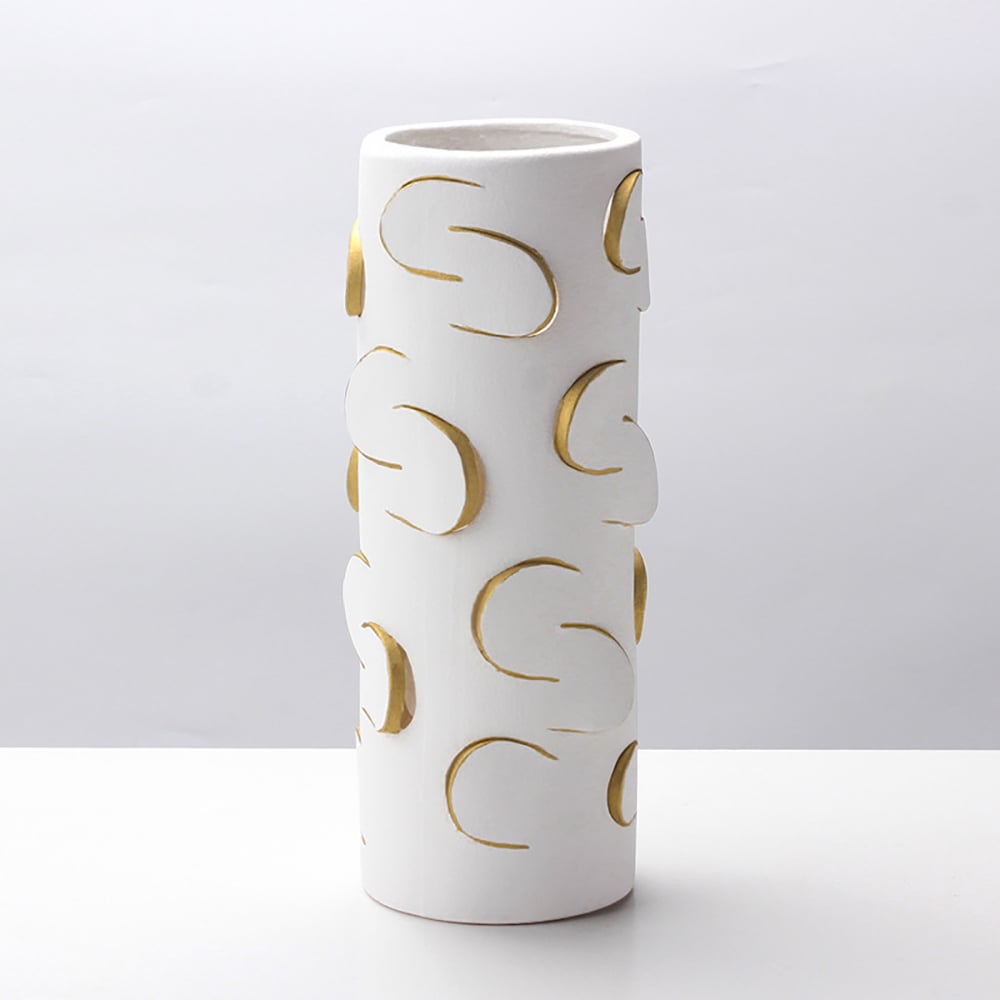 HMR - 13.4" White & Gold Resin Cylinder Flower Vase Modern Decor Art Living Room Bedroom