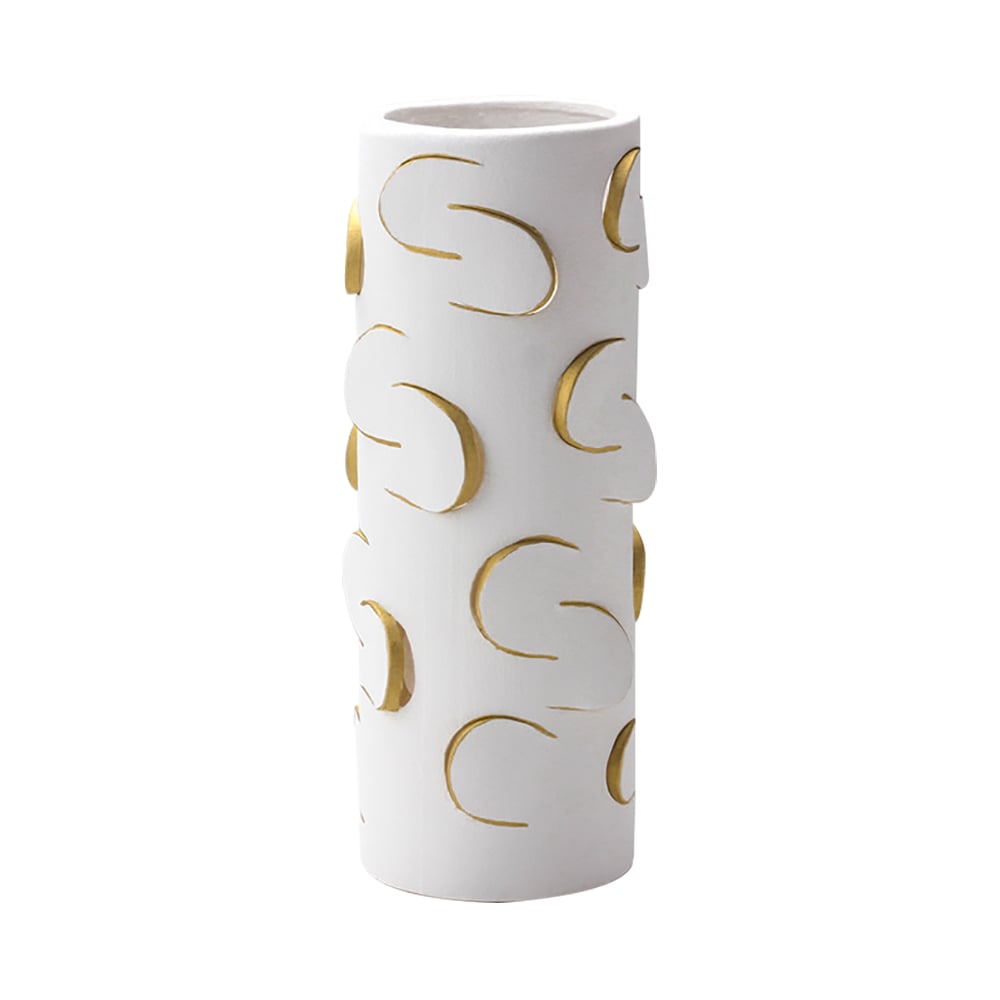 HMR - 13.4" White & Gold Resin Cylinder Flower Vase Modern Decor Art Living Room Bedroom