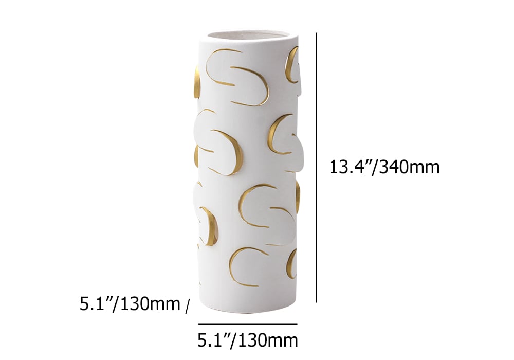 HMR - 13.4" White & Gold Resin Cylinder Flower Vase Modern Decor Art Living Room Bedroom