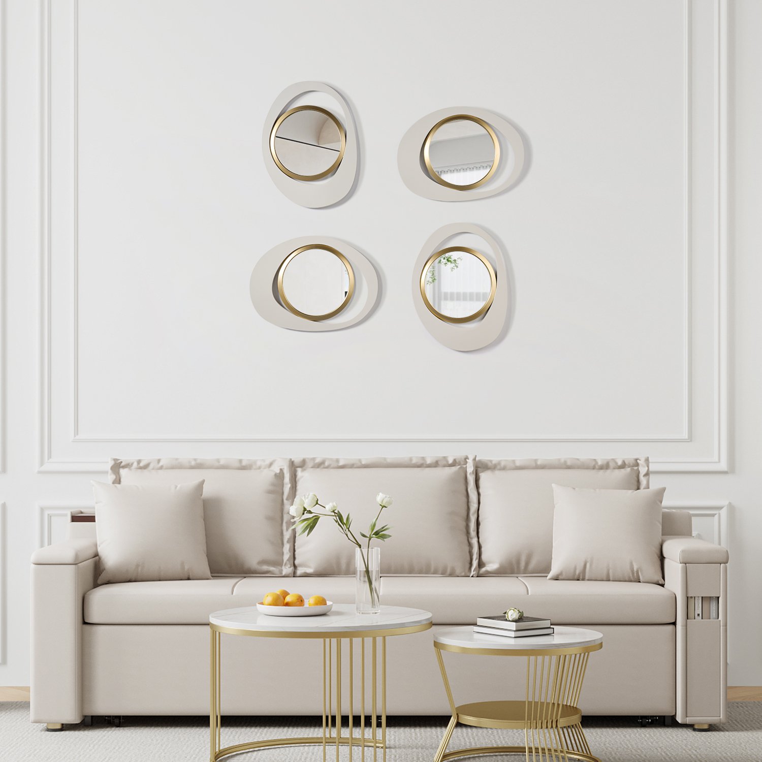 HMR - Modern 4-Piece 23.6" Large White & Gold Abstract Geometry Wall Mirror Decor Living Room