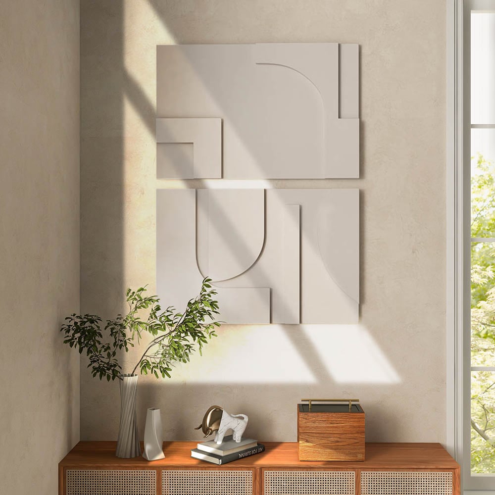 HMR 2 Pieces Japandi Abstract Wood Wall Decor for Living Room 3D Hanging Art - White, 27.6"W x 1.2"D x 19.7"H