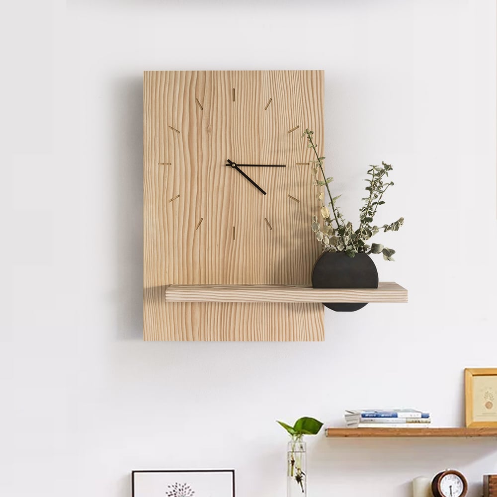 HMR - Japandi Natural Wood Rectangle Wall Clock with Black Vase Decor Living Room Bedroom