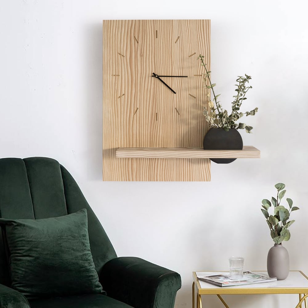 HMR - Japandi Natural Wood Rectangle Wall Clock with Black Vase Decor Living Room Bedroom