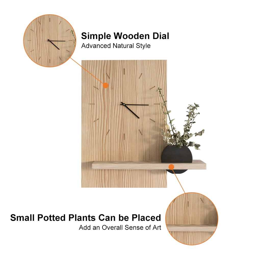 HMR - Japandi Natural Wood Rectangle Wall Clock with Black Vase Decor Living Room Bedroom