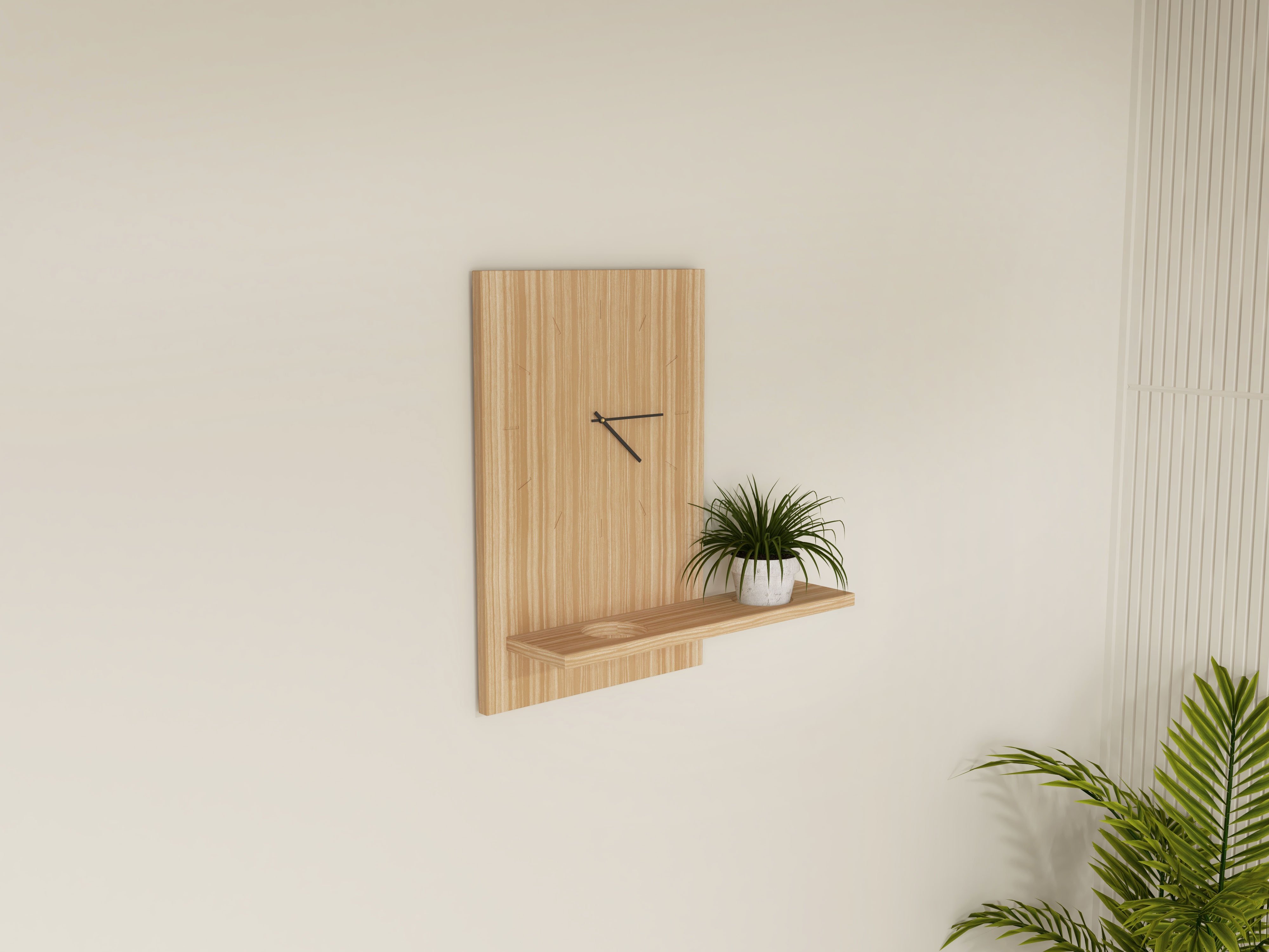 HMR - Japandi Natural Wood Rectangle Wall Clock with Black Vase Decor Living Room Bedroom