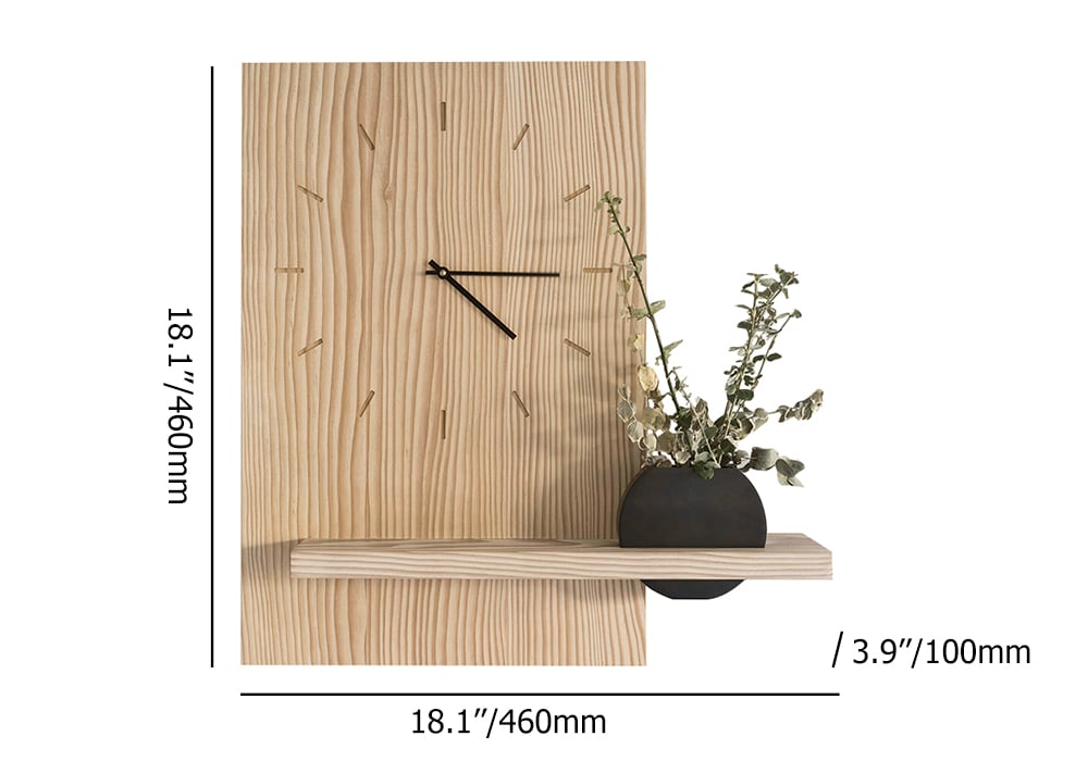 HMR - Japandi Natural Wood Rectangle Wall Clock with Black Vase Decor Living Room Bedroom