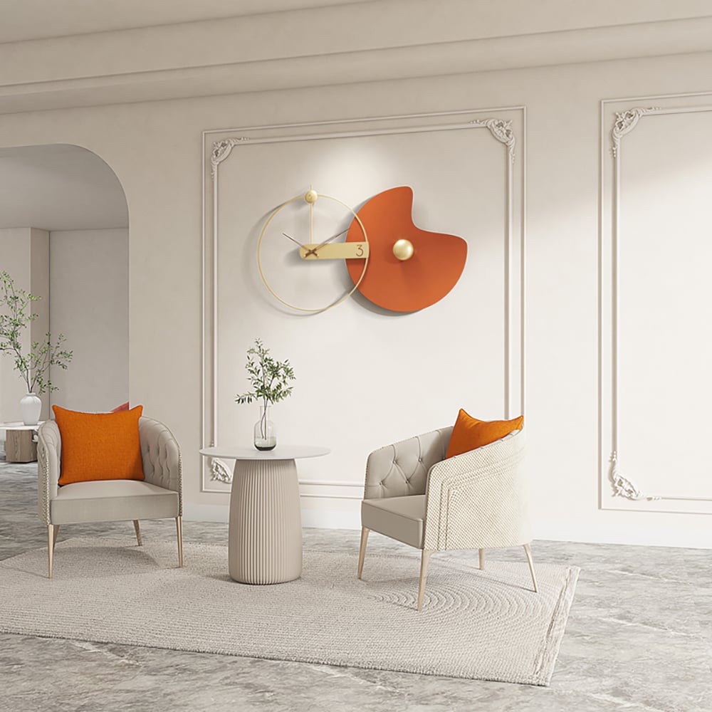 HMR - Modern Large Wall Clock Round Metal Oversized Decorative Wall Clocks in Orange & Gold