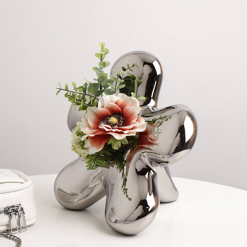 HMR - Modern Silver Ceramic Flower Shape Table Vase Home Decorative Object Art for Living Room