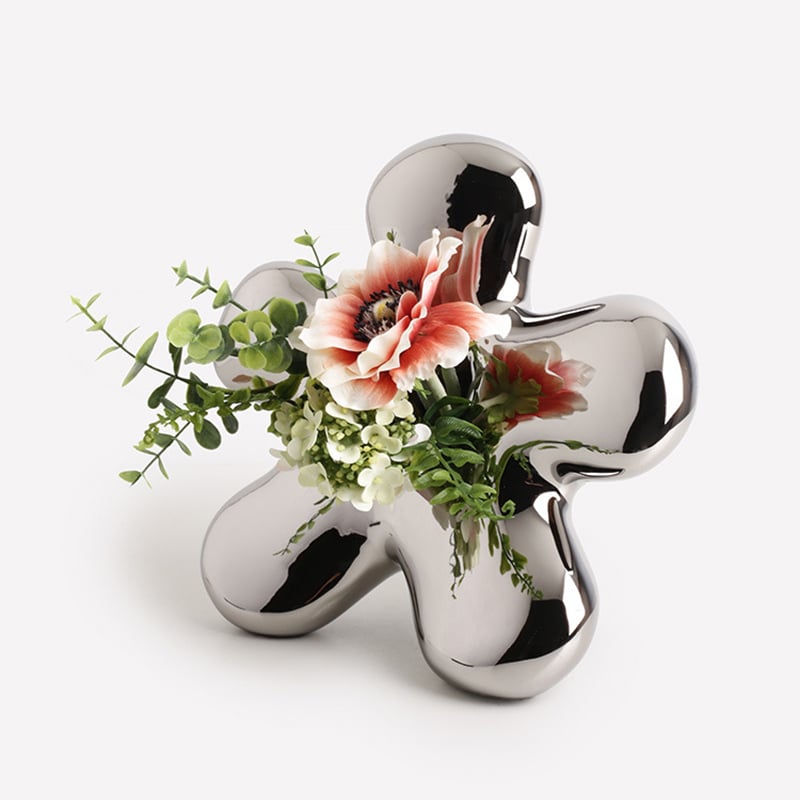 HMR - Modern Silver Ceramic Flower Shape Table Vase Home Decorative Object Art for Living Room