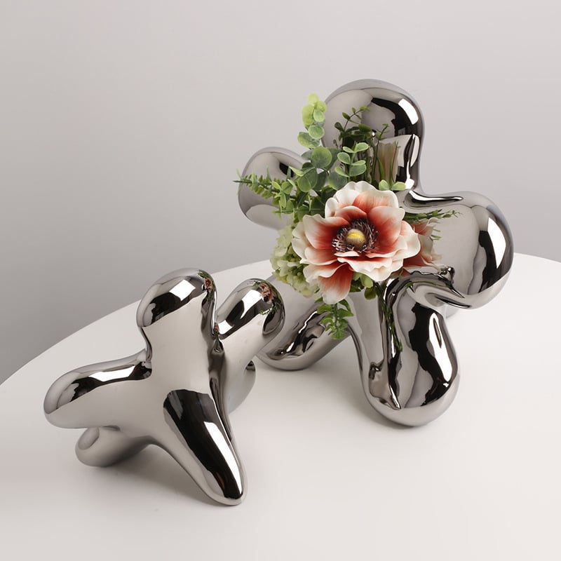 HMR - Modern Silver Ceramic Flower Shape Table Vase Home Decorative Object Art for Living Room