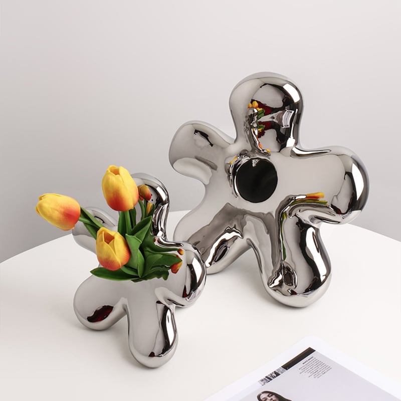HMR - Modern Silver Ceramic Flower Shape Table Vase Home Decorative Object Art for Living Room