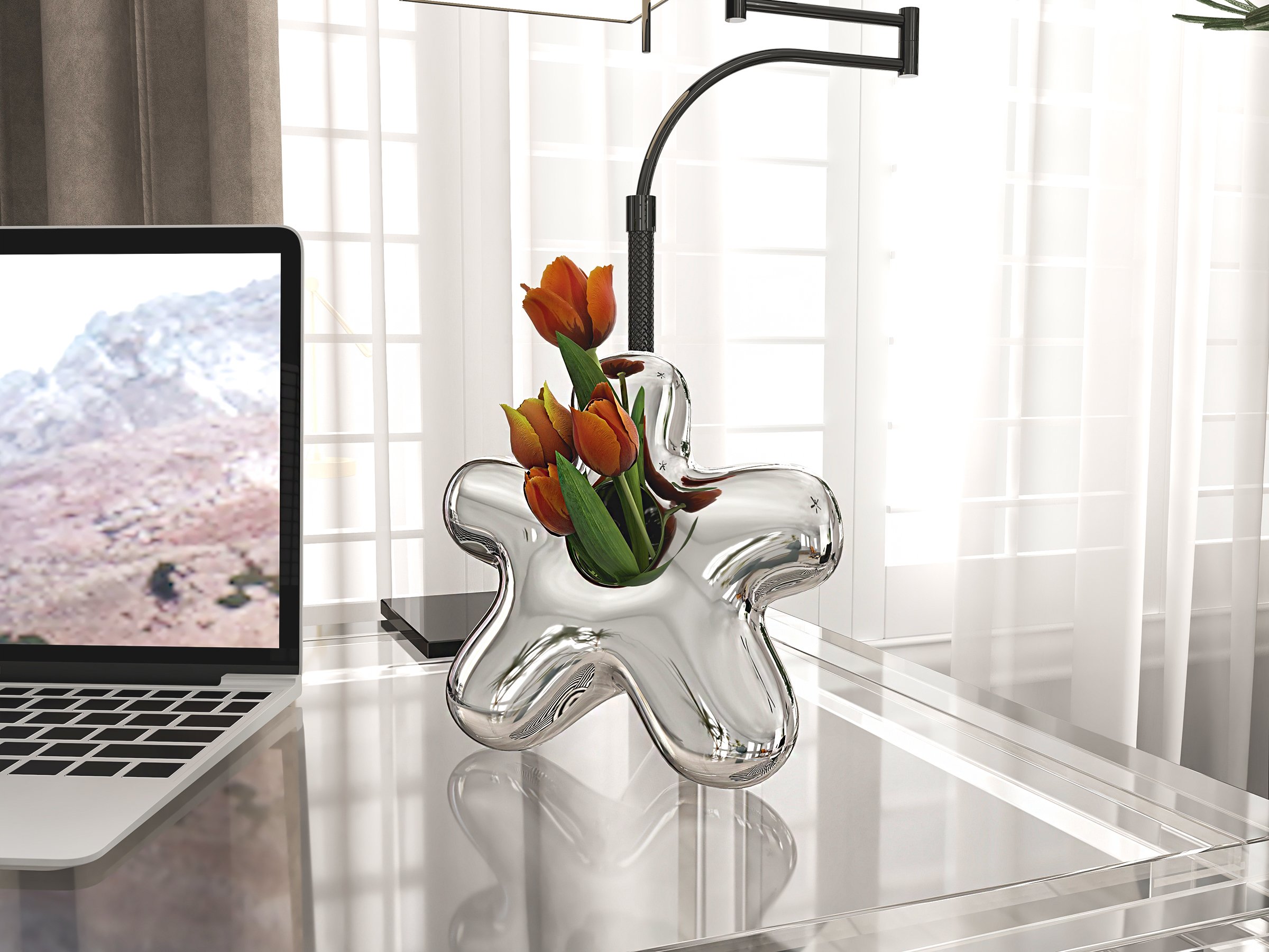 HMR - Modern Silver Ceramic Flower Shape Table Vase Home Decorative Object Art for Living Room