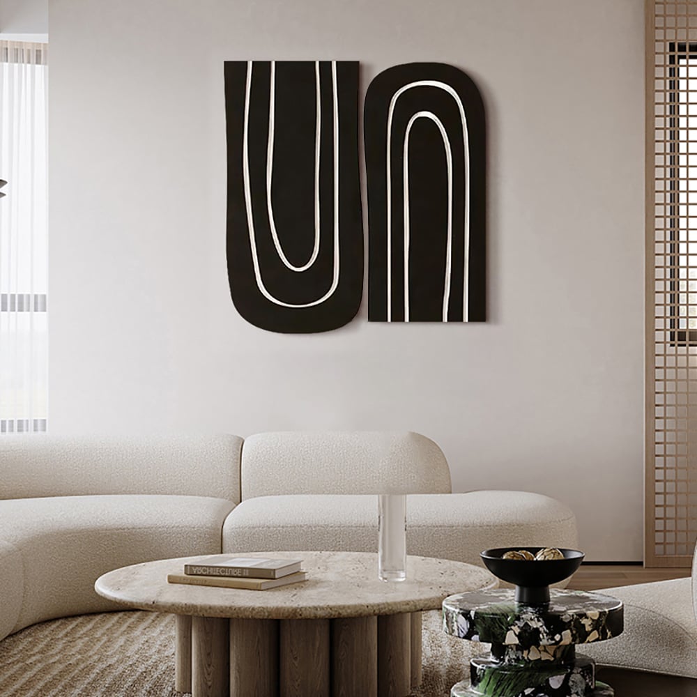 HMR - 2 Pieces Minimalist Abstract Geometric Wall Decor Art Set Living Room in Black & White