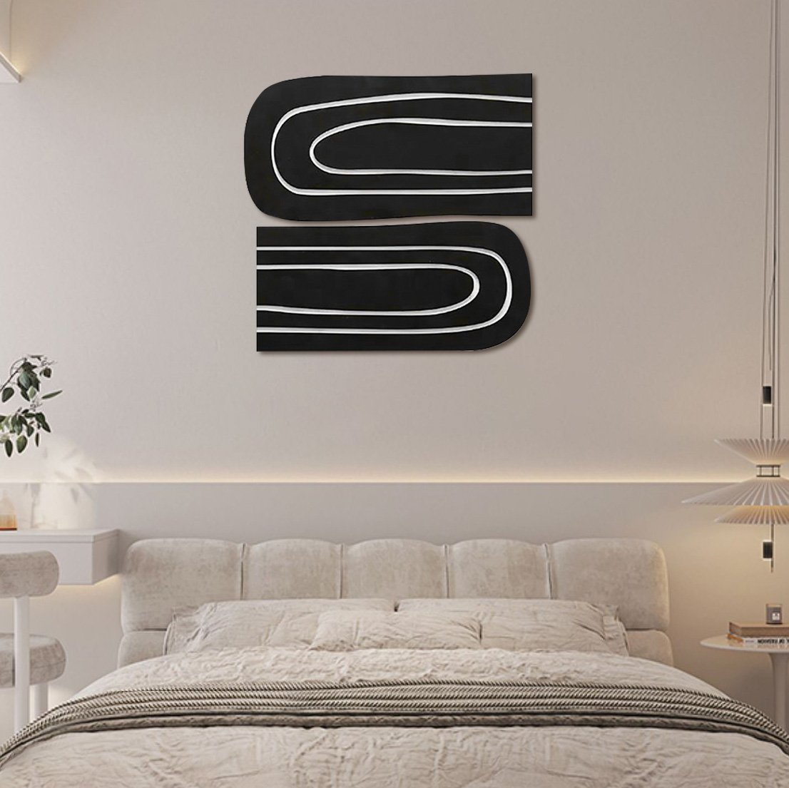 HMR - 2 Pieces Minimalist Abstract Geometric Wall Decor Art Set Living Room in Black & White