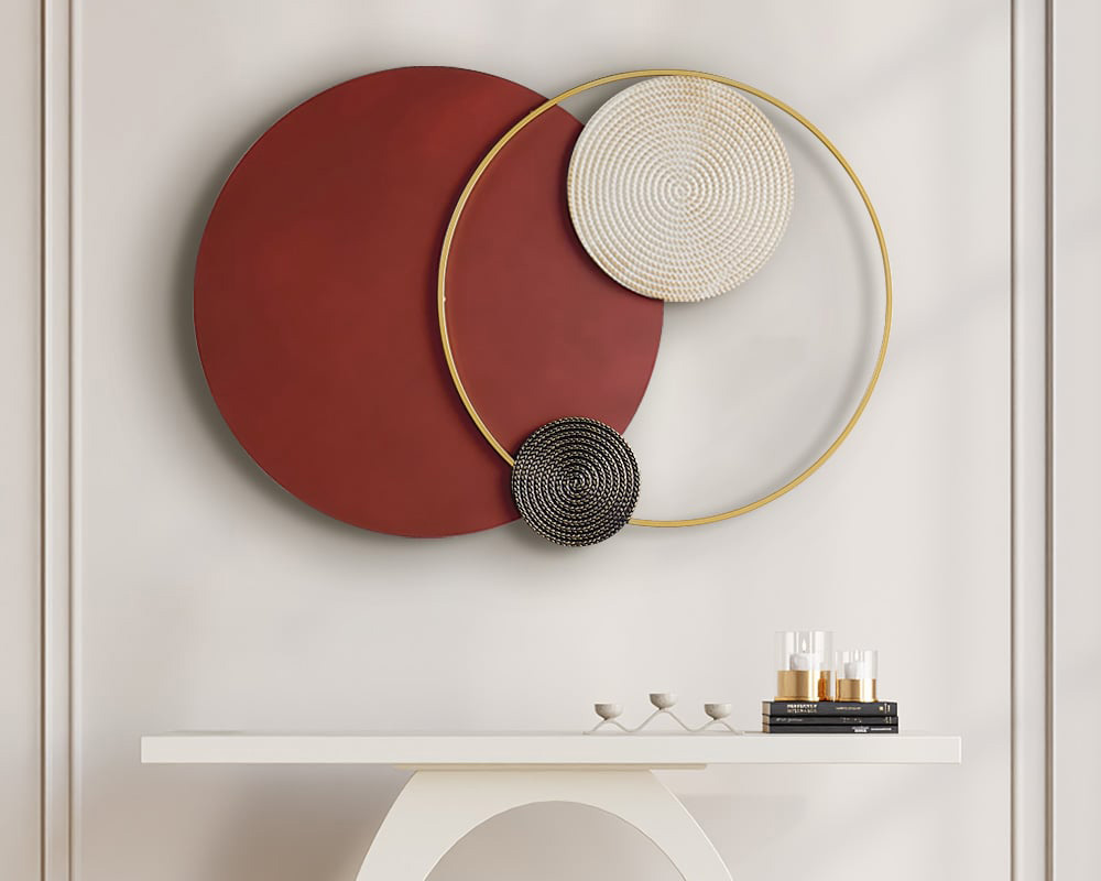 HMR Modern Big Metal Geometric Circles Wall Decor Unique Home Living Room Hanging Wall Art - Wine Red