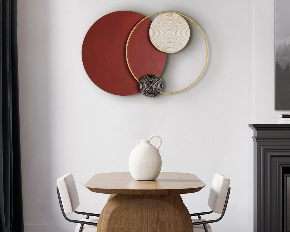 HMR Modern Big Metal Geometric Circles Wall Decor Unique Home Living Room Hanging Wall Art - Wine Red