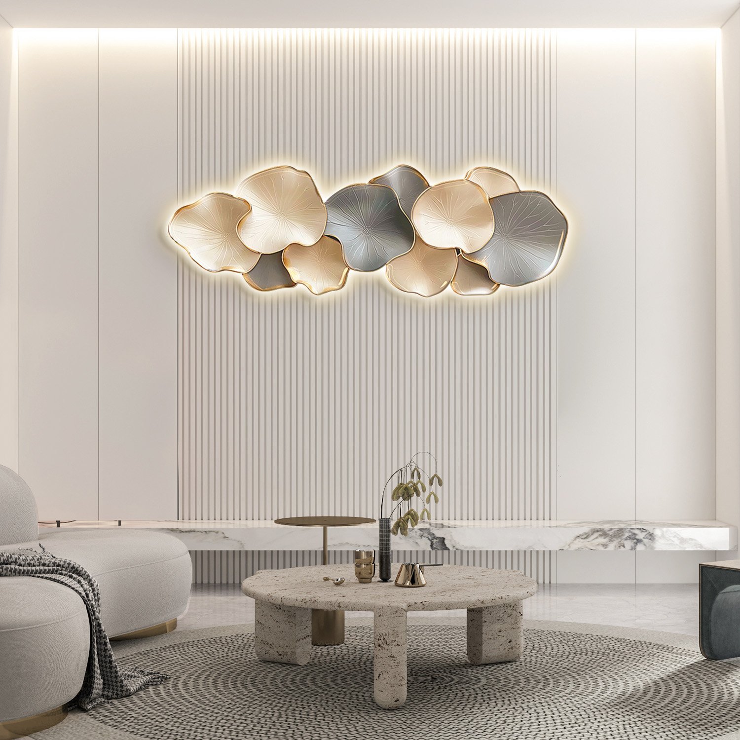 HMR - Textured Design Wall Decor in White and Gray with LED Light