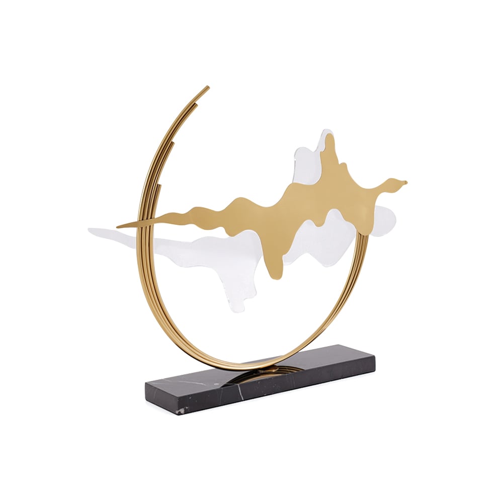 HMR - Geometric Abstract Gold Metal & Acrylic Wave Sculpture Art Decor with Black Marble Base