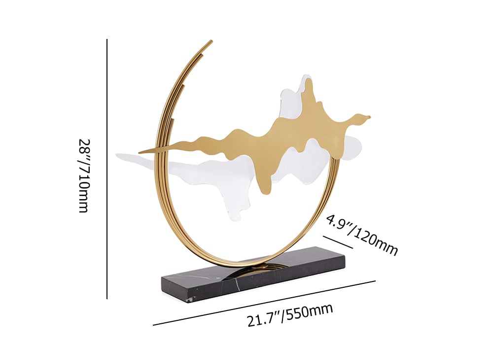 HMR - Geometric Abstract Gold Metal & Acrylic Wave Sculpture Art Decor with Black Marble Base