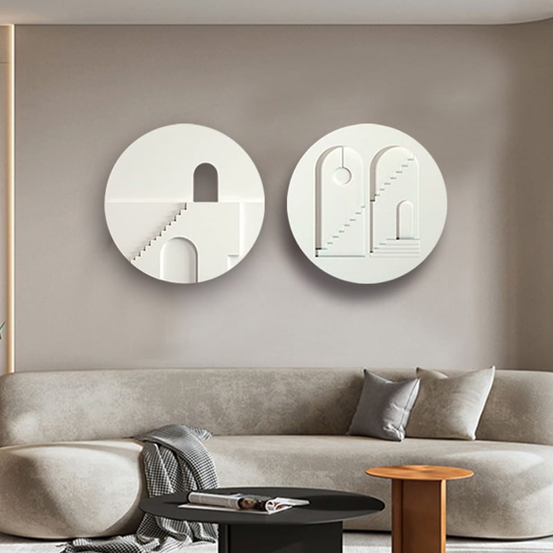 HMR - 2-Pieces Minimalist White Round Frosted Abstract Geometric Wood Wall Decor Art Set