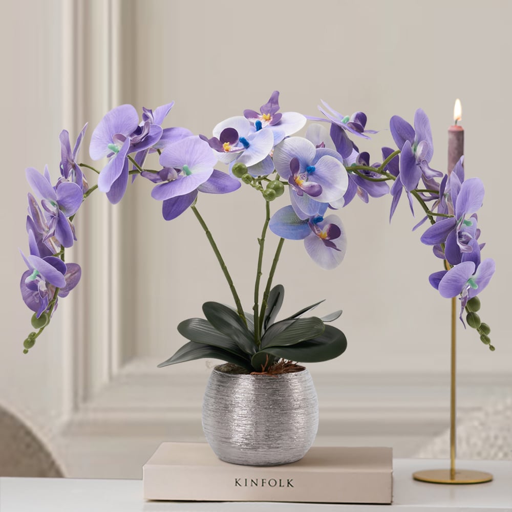 HMR - Artificial Purple Orchids in Vase Set