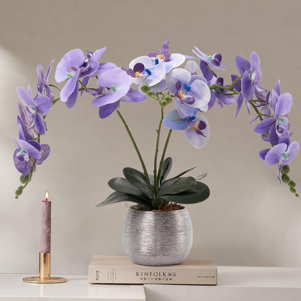 HMR - Artificial Purple Orchids in Vase Set
