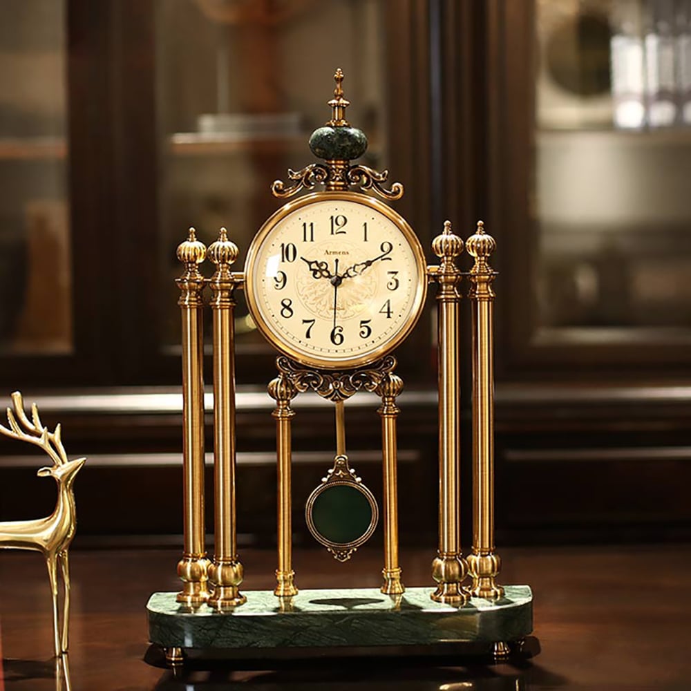 HMR - Traditional Metal Bronze Round Mantel & Table Top Clock with Pendulum Green Marble Base