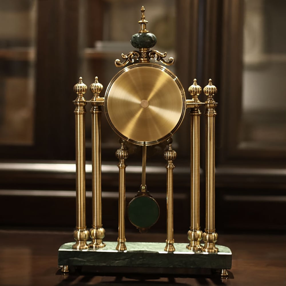 HMR - Traditional Metal Bronze Round Mantel & Table Top Clock with Pendulum Green Marble Base