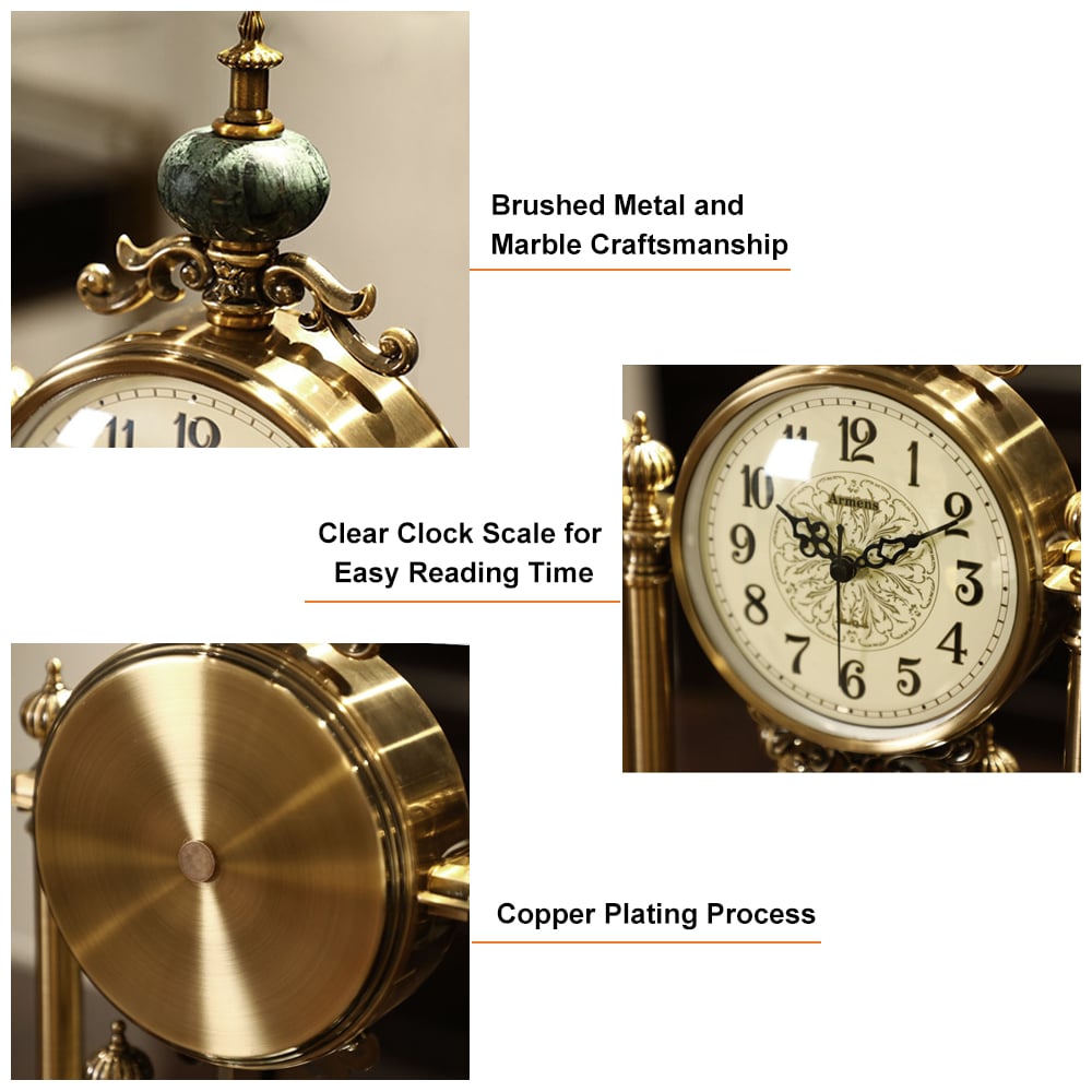 HMR - Traditional Metal Bronze Round Mantel & Table Top Clock with Pendulum Green Marble Base