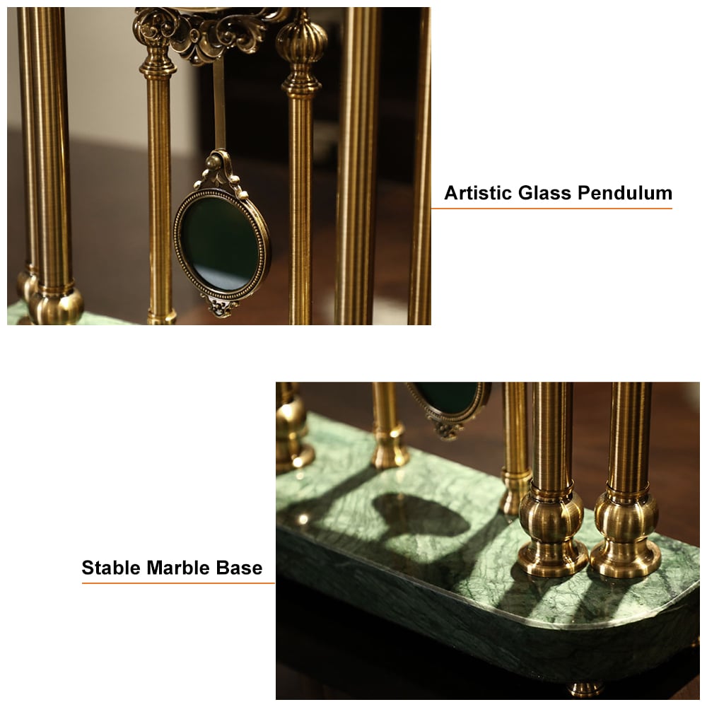 HMR - Traditional Metal Bronze Round Mantel & Table Top Clock with Pendulum Green Marble Base