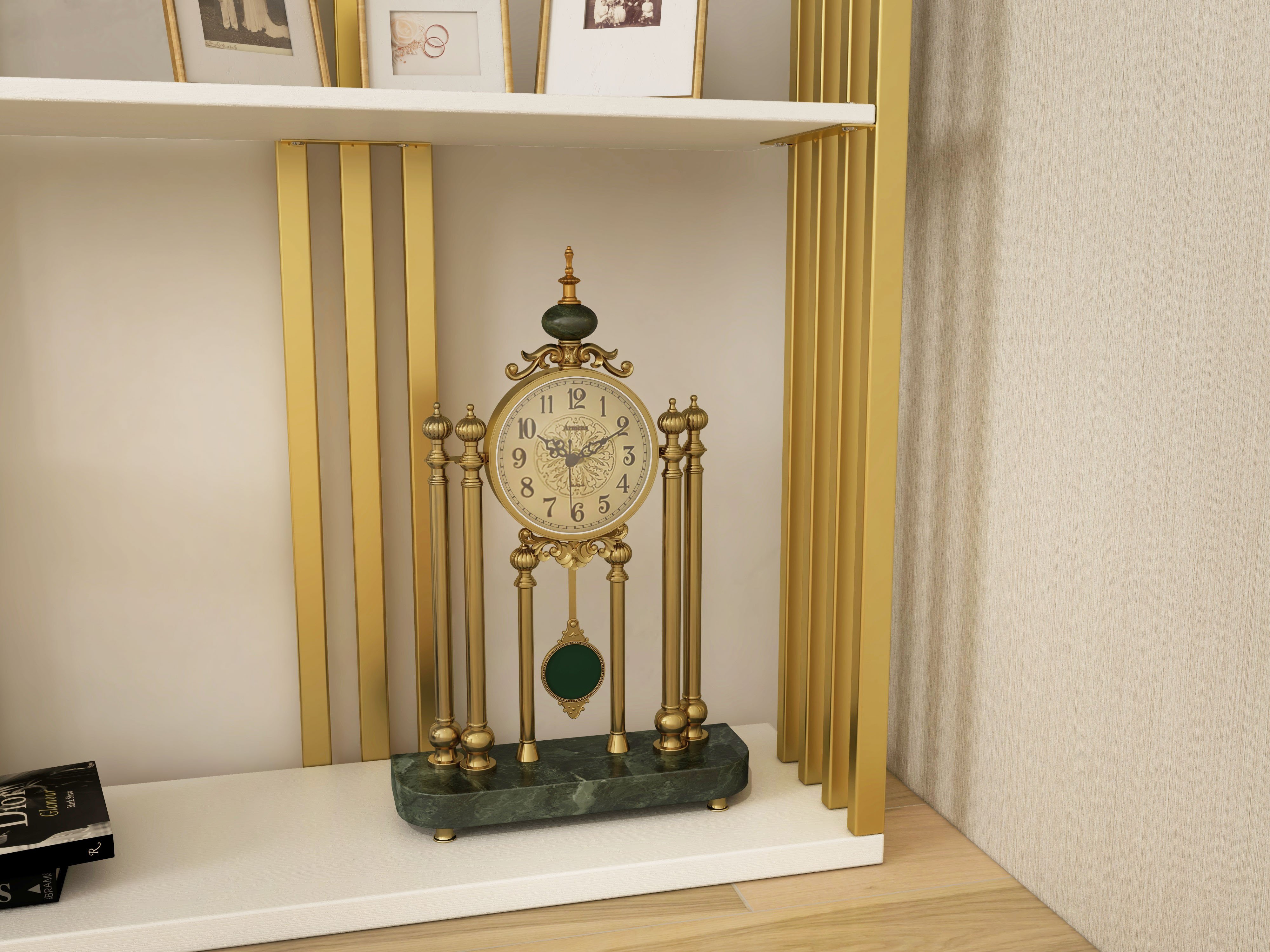 HMR - Traditional Metal Bronze Round Mantel & Table Top Clock with Pendulum Green Marble Base
