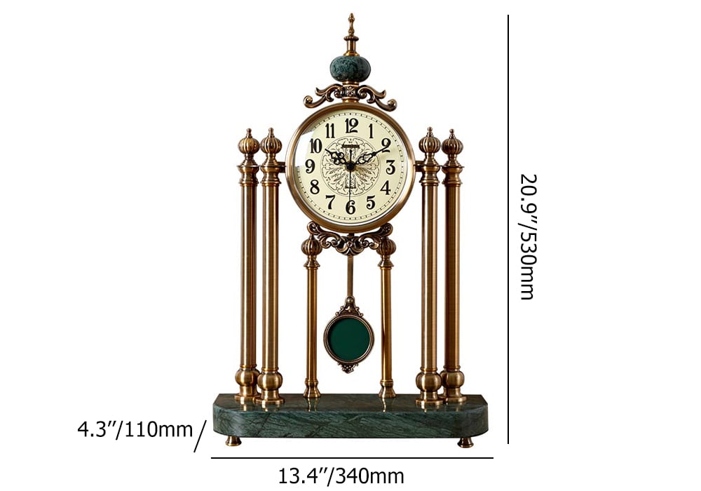 HMR - Traditional Metal Bronze Round Mantel & Table Top Clock with Pendulum Green Marble Base