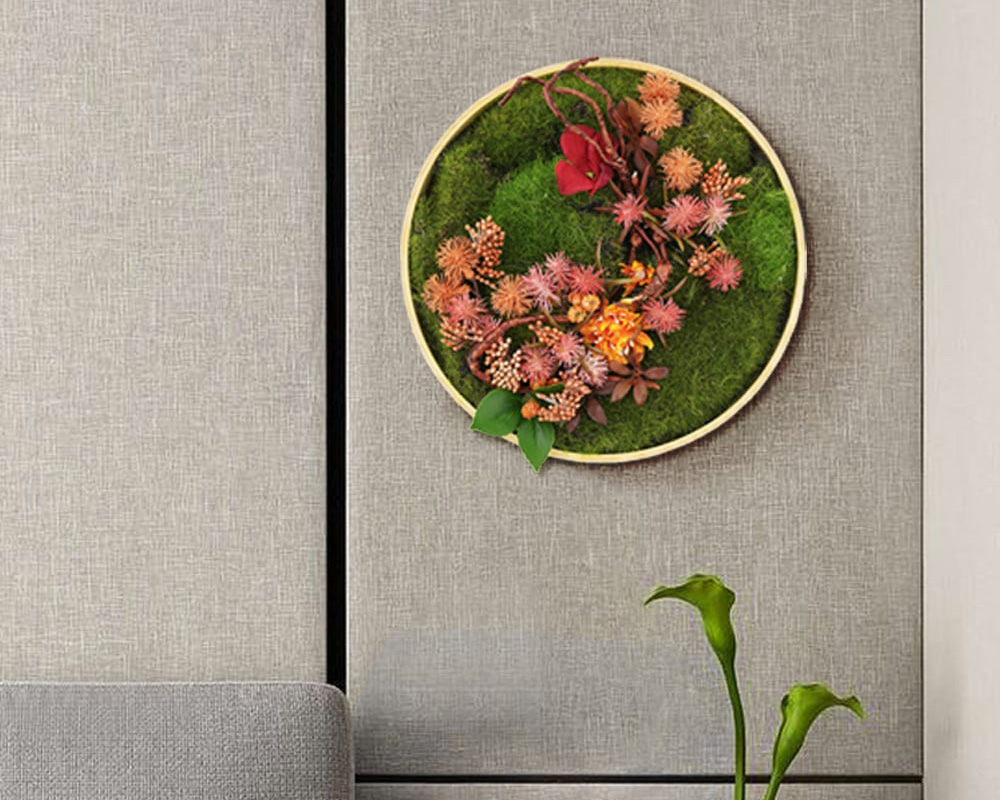 HMR 3D Round Preserved Moss Flower Wall Art Hanging Rainbow Floral Decor with Wood Frame – Multi-Color, Style B