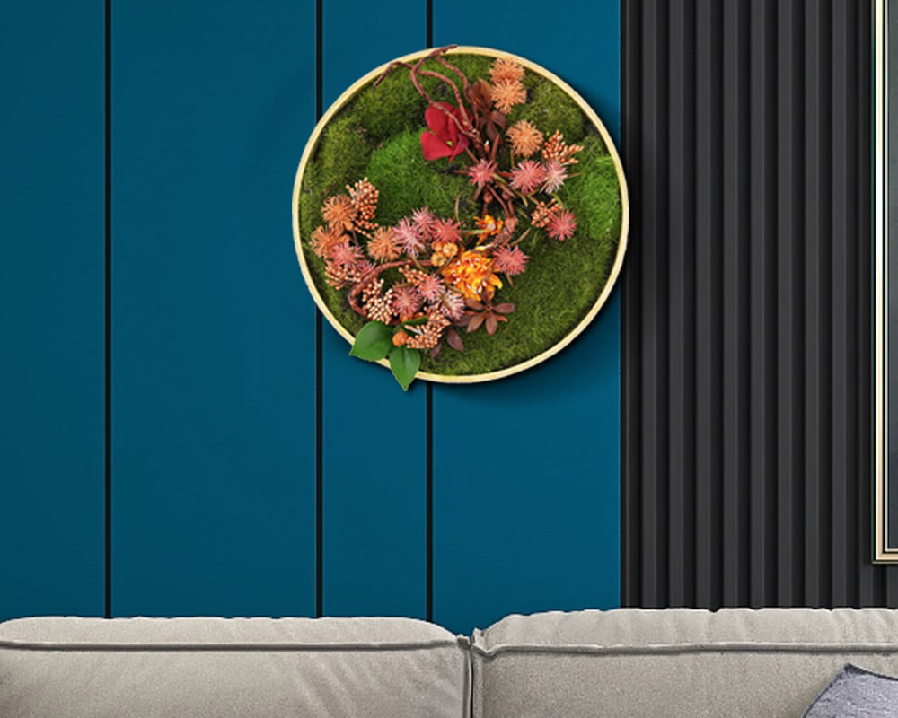 HMR 3D Round Preserved Moss Flower Wall Art Hanging Rainbow Floral Decor with Wood Frame – Multi-Color, Style B