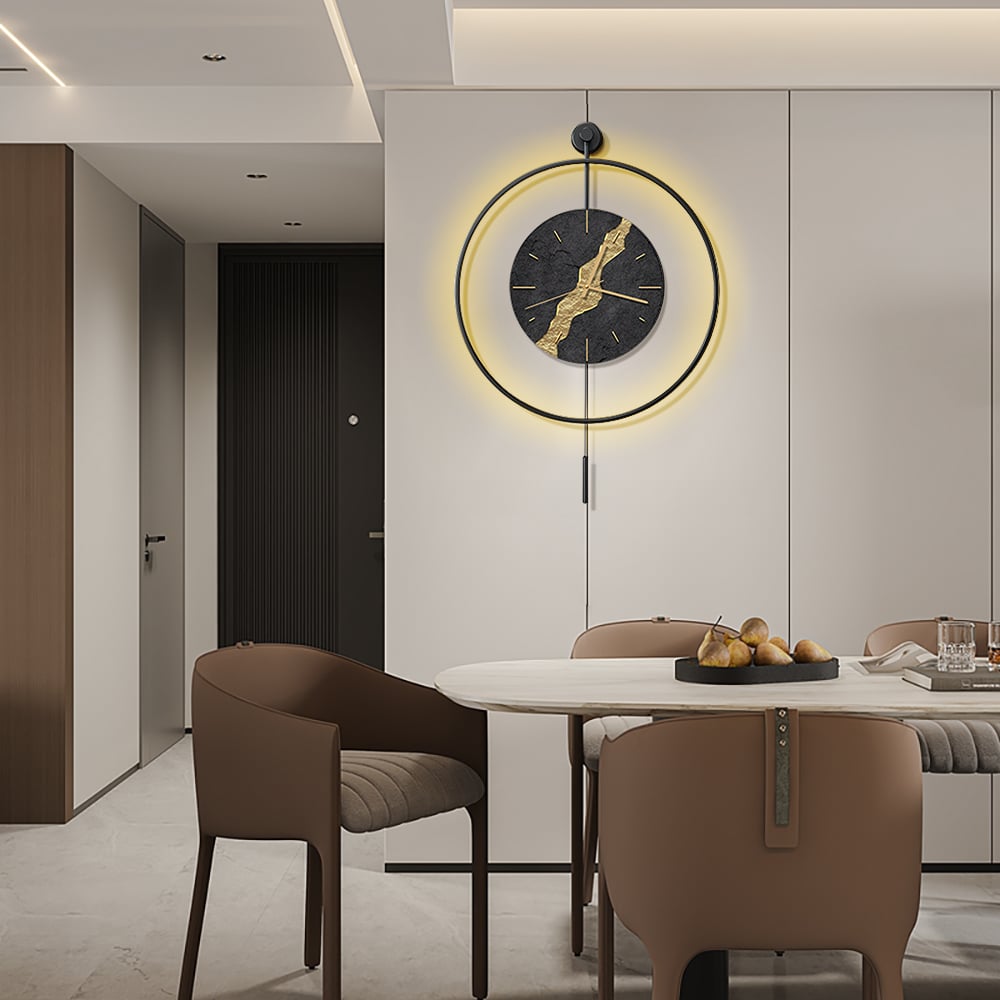 HMR - Black & Gold LED Light Pendulum Wall Clock Metal Wall Art Silent Wall Clock
