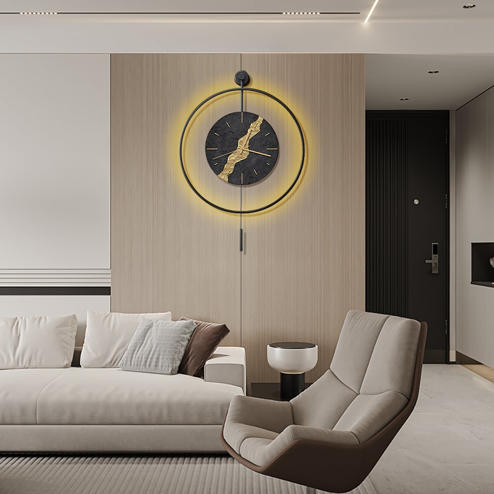 HMR - Black & Gold LED Light Pendulum Wall Clock Metal Wall Art Silent Wall Clock
