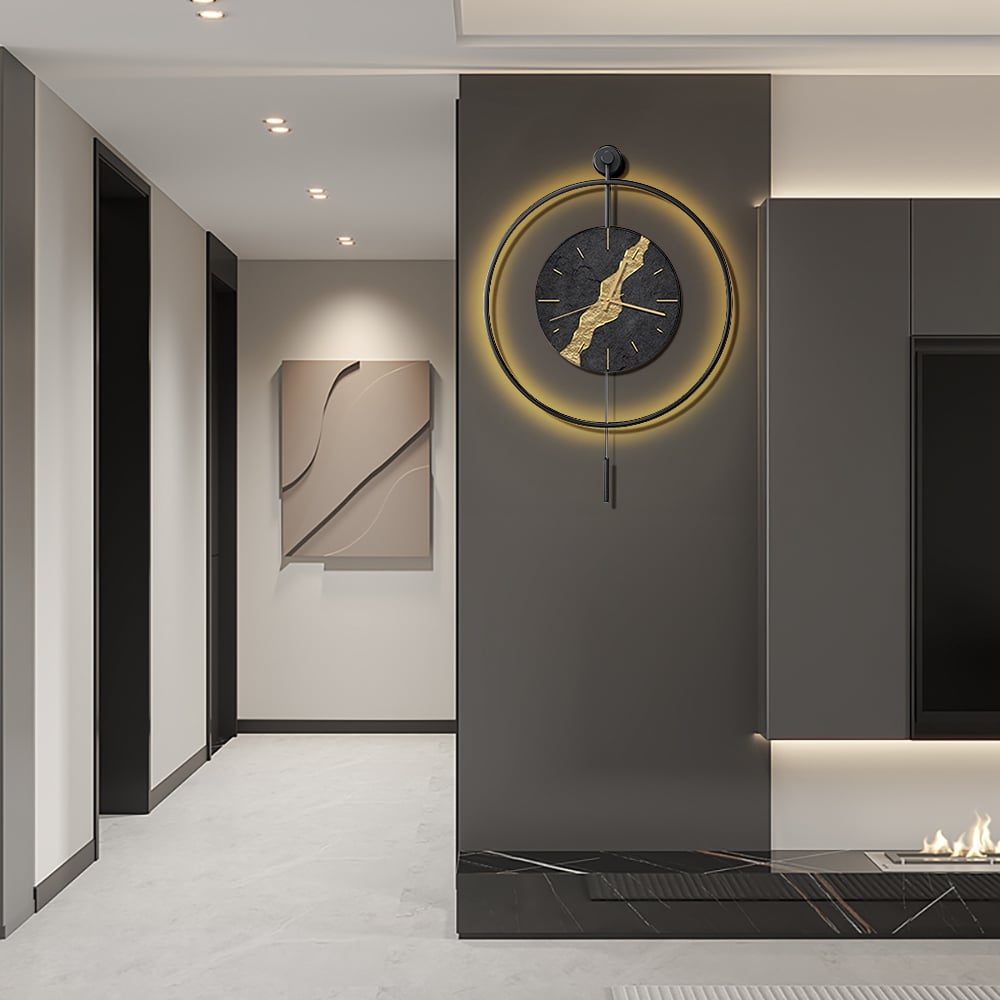 HMR - Black & Gold LED Light Pendulum Wall Clock Metal Wall Art Silent Wall Clock