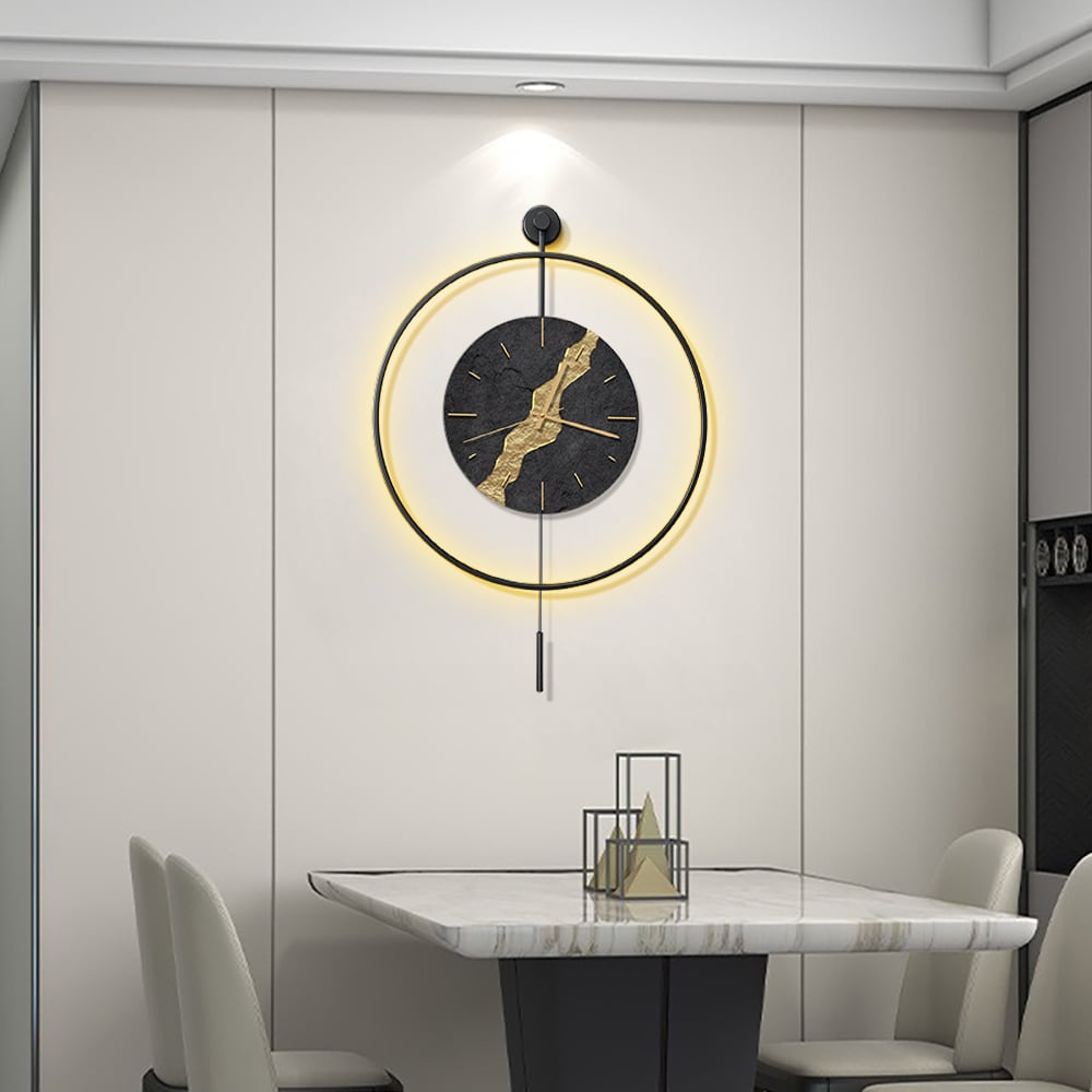 HMR - Black & Gold LED Light Pendulum Wall Clock Metal Wall Art Silent Wall Clock