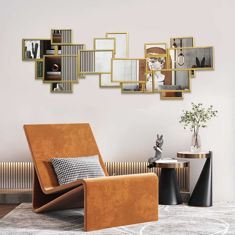HMR - 50.8" x 19.3" Modern Square & Rectangle 3D Panel Wall Mirror Decor Art with Gold Frame