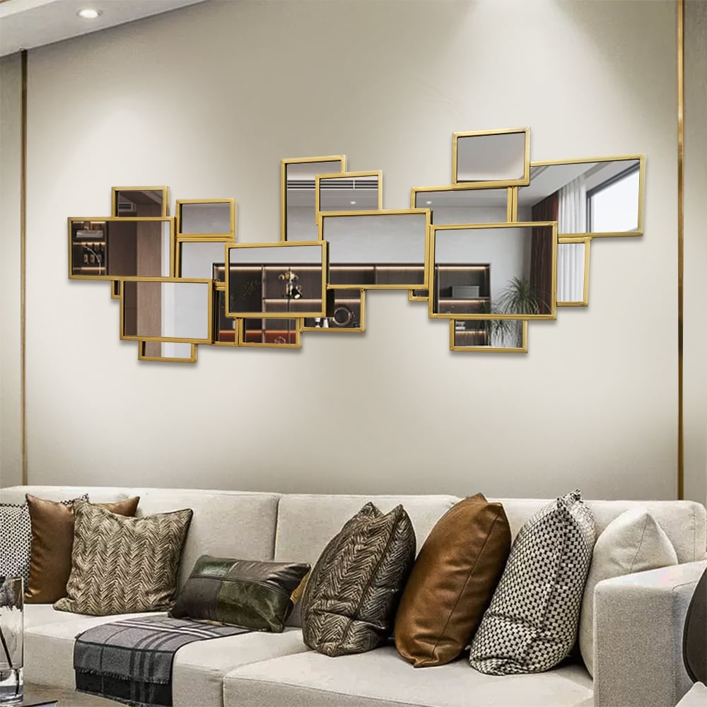 HMR - 50.8" x 19.3" Modern Square & Rectangle 3D Panel Wall Mirror Decor Art with Gold Frame