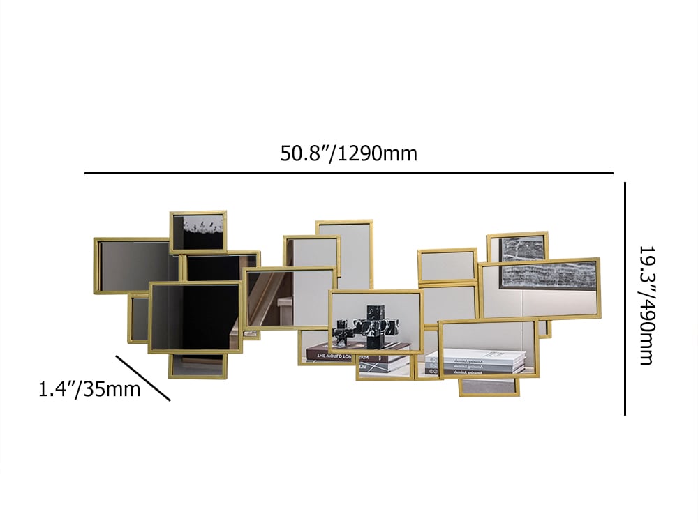 HMR - 50.8" x 19.3" Modern Square & Rectangle 3D Panel Wall Mirror Decor Art with Gold Frame
