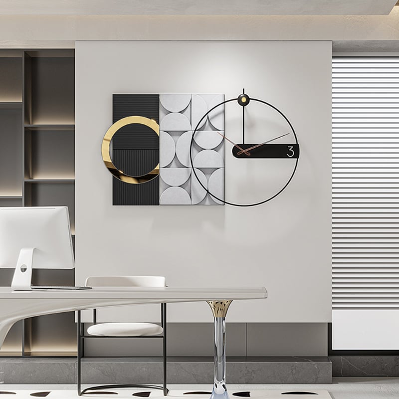 HMR - 30" Large Metal Geometric Wall Clock with Wood Pointer Modern Home Decor Black & Gray