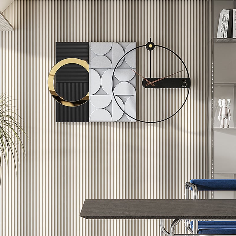 HMR - 30" Large Metal Geometric Wall Clock with Wood Pointer Modern Home Decor Black & Gray