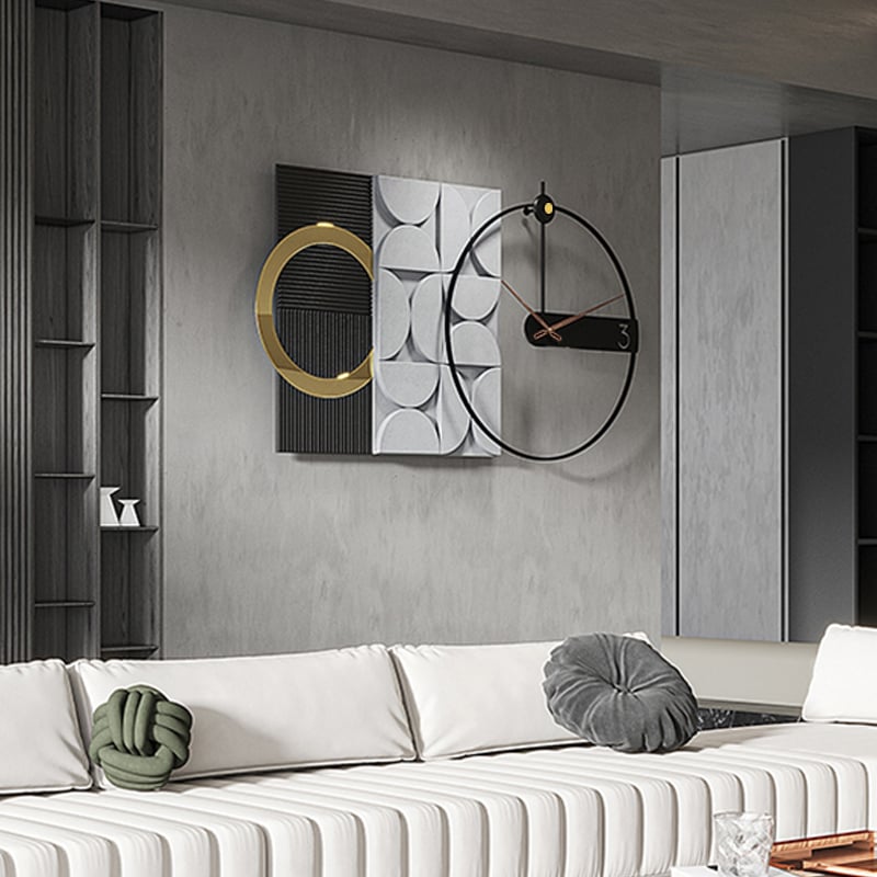 HMR - 30" Large Metal Geometric Wall Clock with Wood Pointer Modern Home Decor Black & Gray