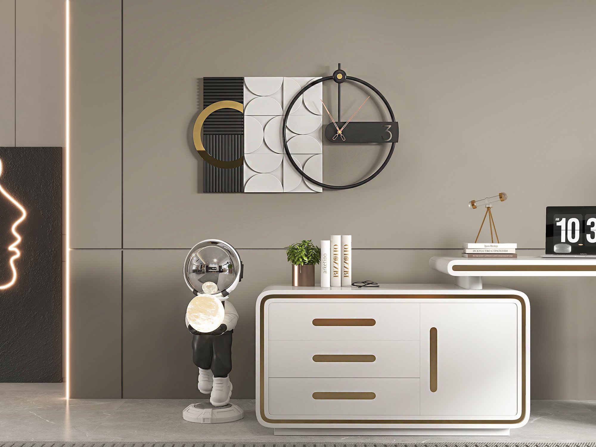 HMR - 30" Large Metal Geometric Wall Clock with Wood Pointer Modern Home Decor Black & Gray