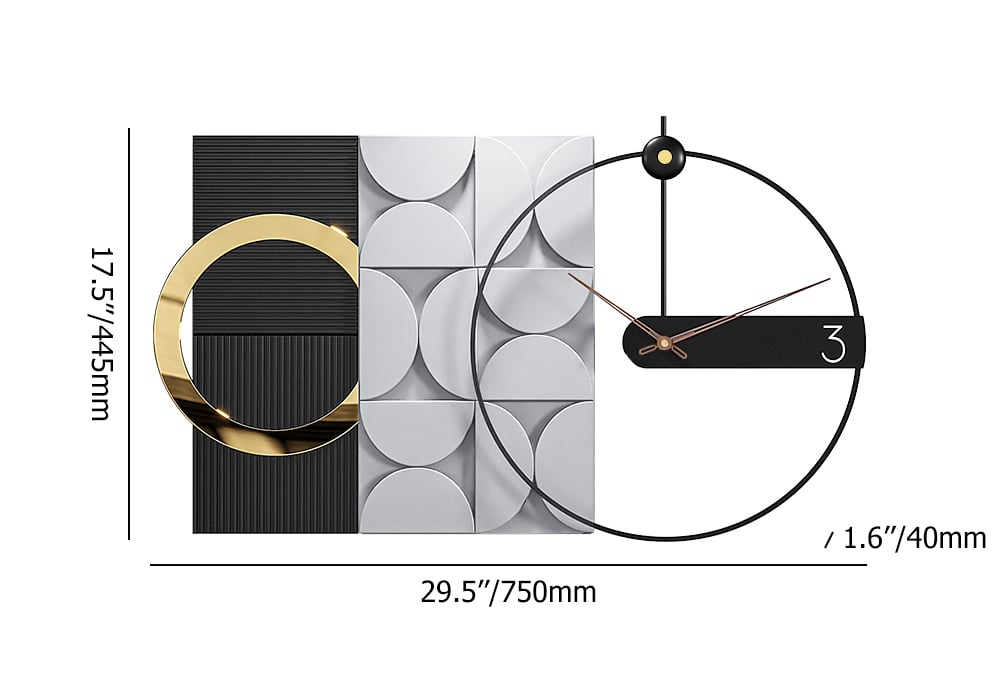 HMR - 30" Large Metal Geometric Wall Clock with Wood Pointer Modern Home Decor Black & Gray