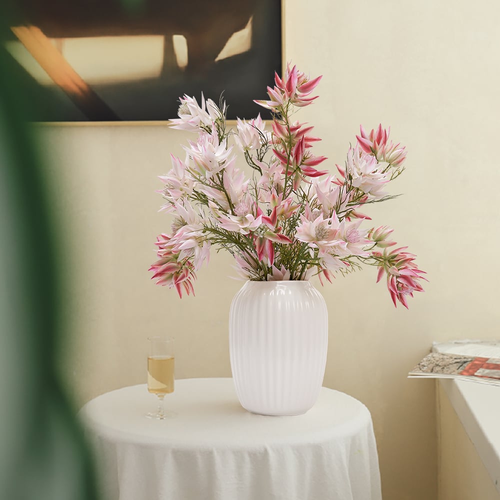 HMR - 14" x 21" Artificial Flowers in White Ribbed Vase Art Decor