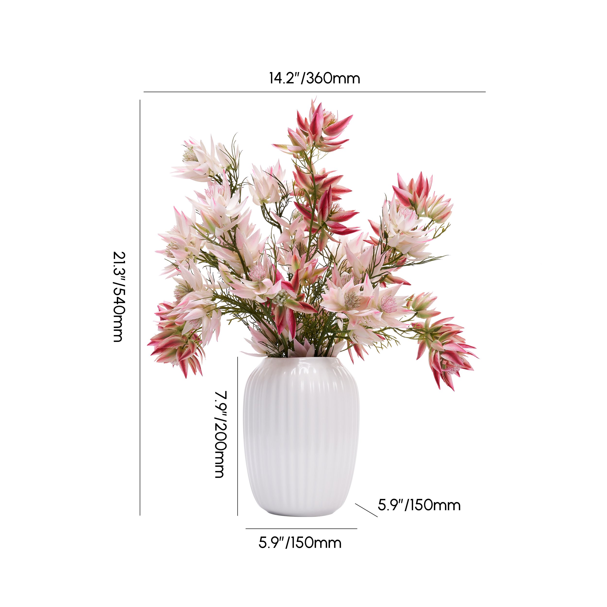 HMR - 14" x 21" Artificial Flowers in White Ribbed Vase Art Decor