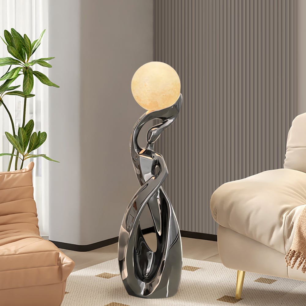 HMR - 9" x 32" Silver Sculpture with Illuminated Sphere Art Decor